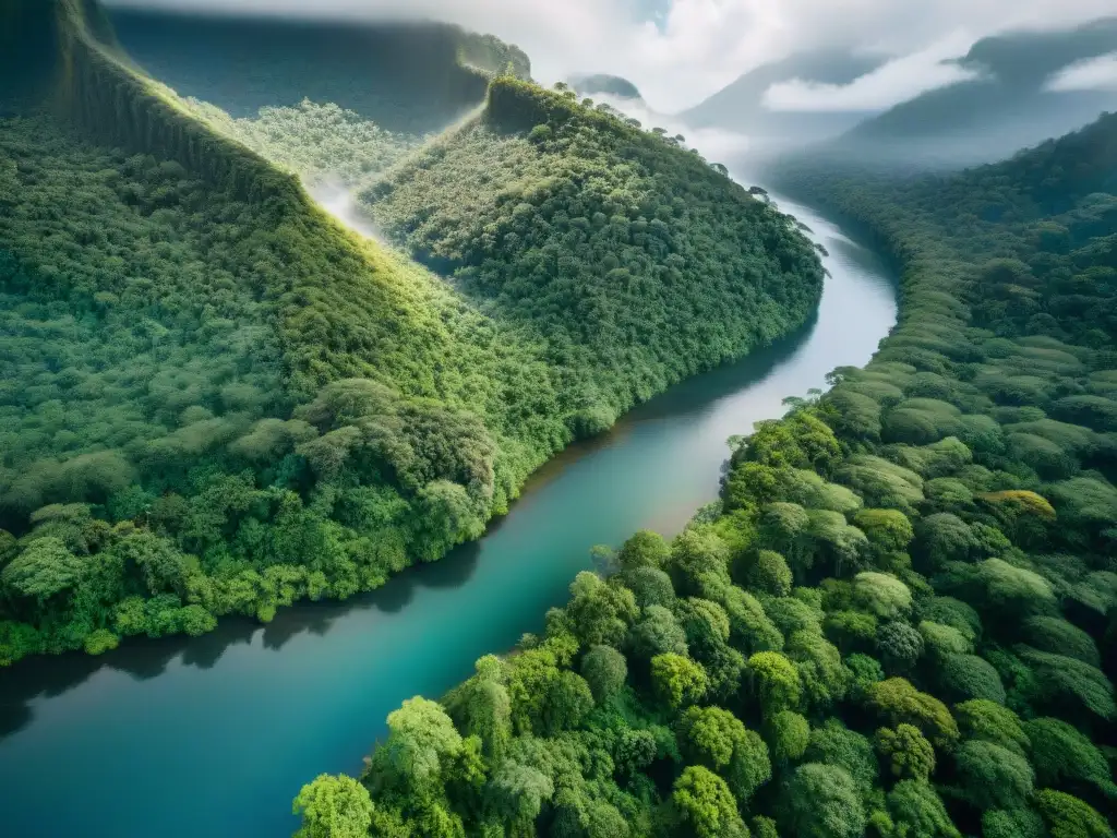 Un río de aguas cristalinas serpentea entre la exuberante selva, destacando la importancia del acceso al agua potable para las comunidades