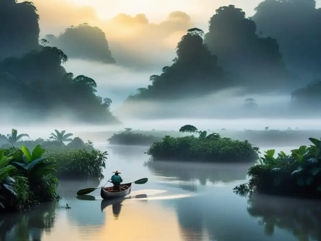 Río amazónico al amanecer con pescadores indígenas y aves exóticas