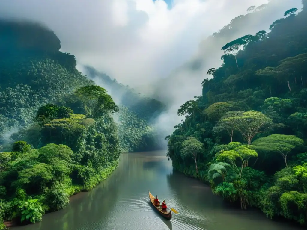 Un río amazónico sereno serpentea entre exuberante selva verde, reflejando el dosel vibrante sobre él