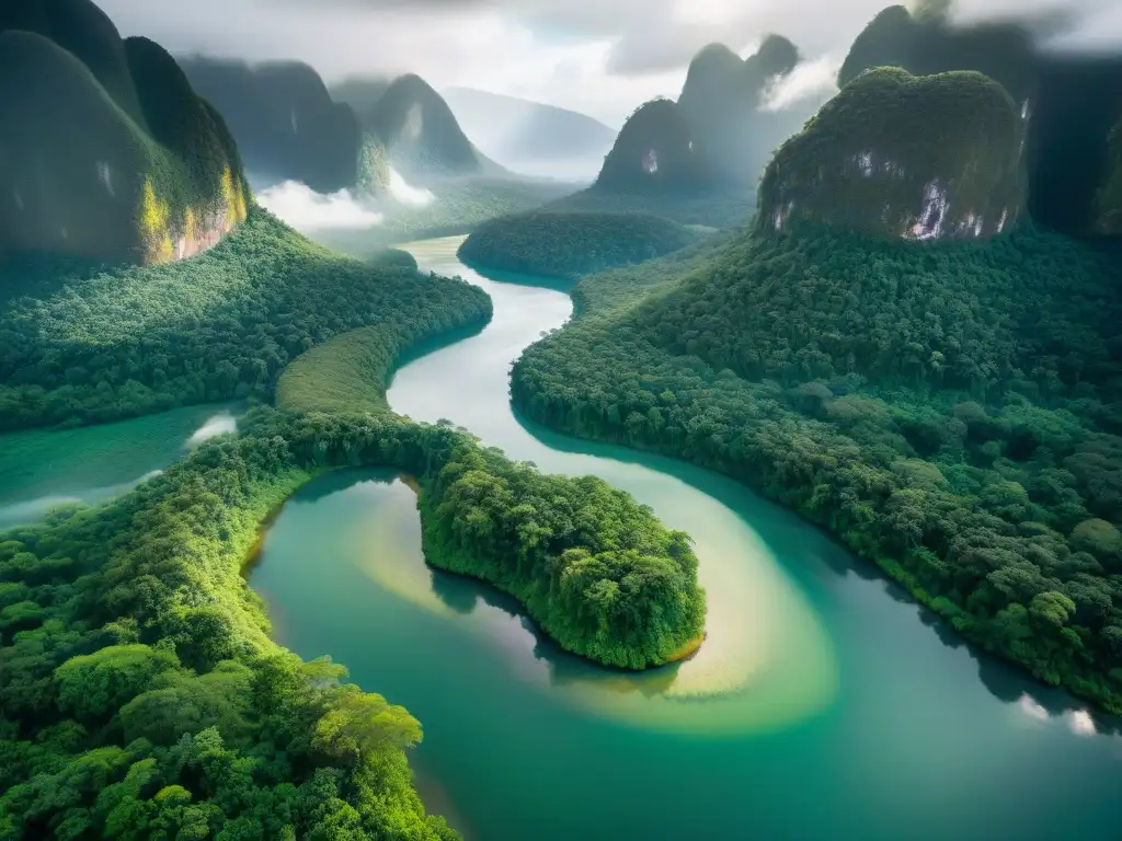 Río serpenteando en exuberante selva, reflejando la importancia del agua en cosmovisiones indígenas