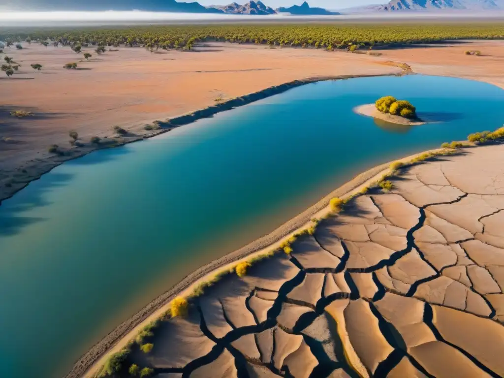 Un río seco serpentea en un paisaje árido, destacando la crisis del agua en culturas indígenas