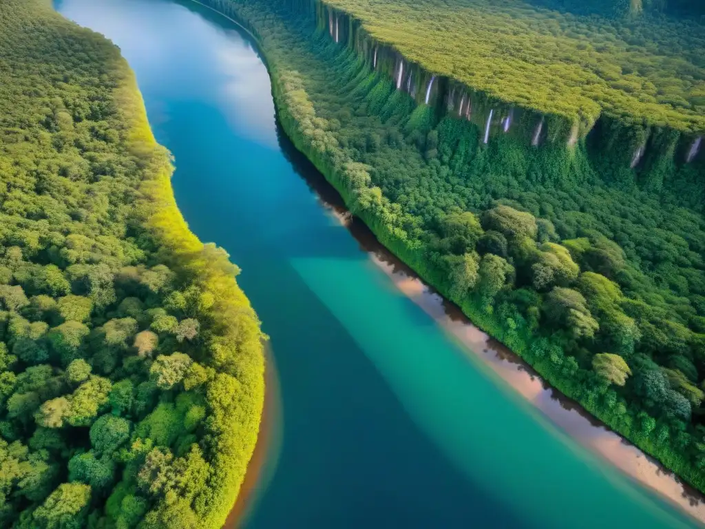 Río serpenteando en selva con comunidad indígena