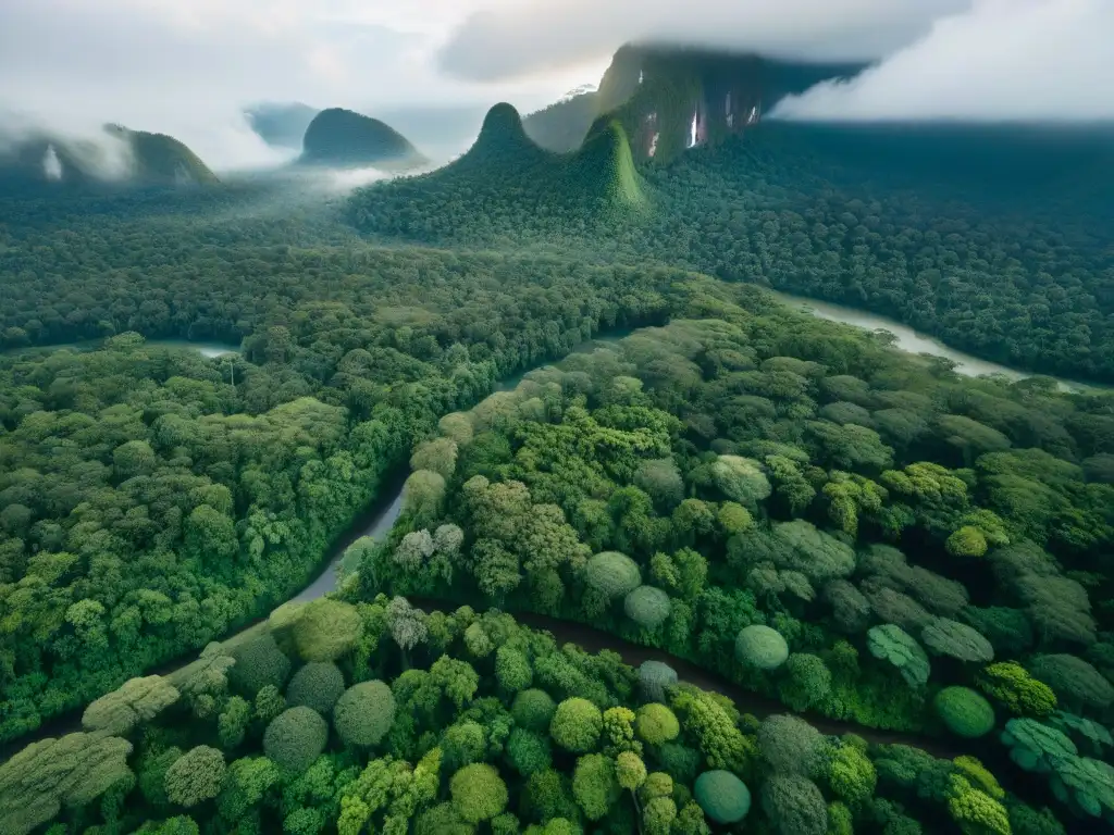 Un río serpenteante atraviesa una exuberante selva, destacando la belleza de los Derechos territoriales indígenas frente a los gobiernos