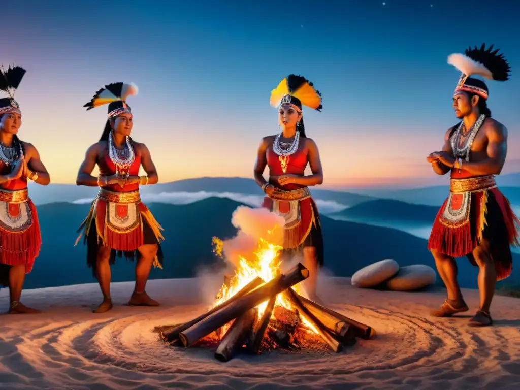 Un ritual ancestral de la Danza del Fuego en culturas indígenas, bajo un cielo estrellado