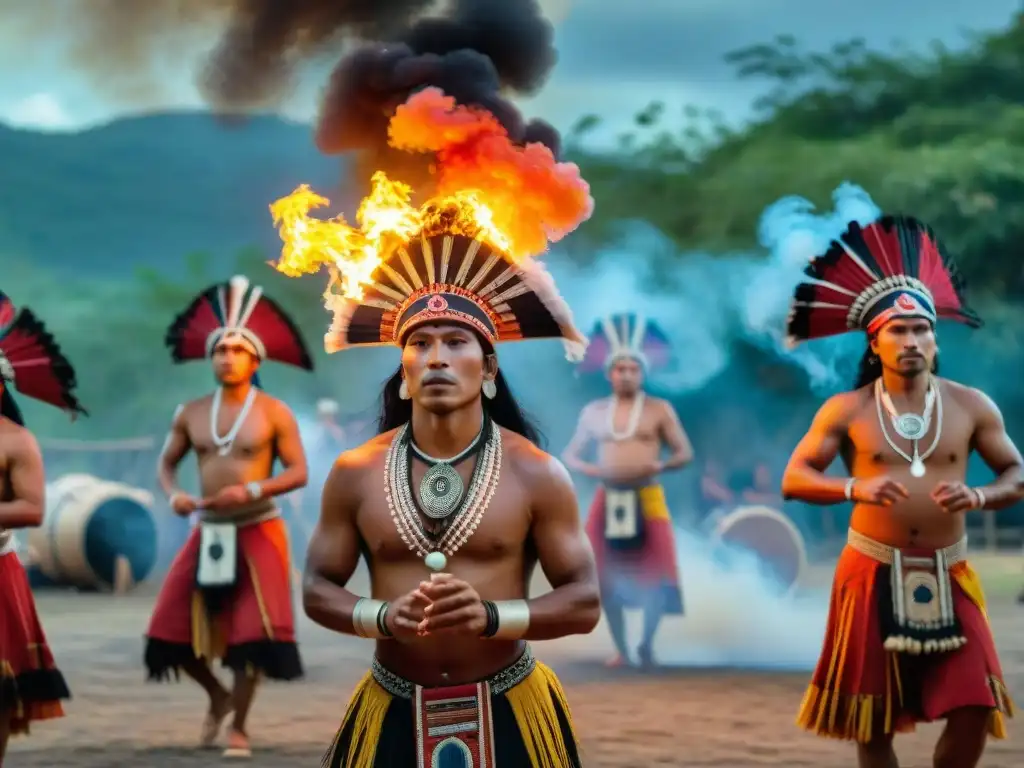 Un ritual ancestral de la Danza del Fuego en culturas indígenas: danzantes alrededor de una fogata al atardecer, en un ambiente místico y ritual