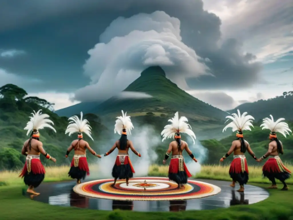 Un ritual ancestral: Danza de la lluvia indígena bajo un cielo dramático, danzantes adornados, comunidad expectante