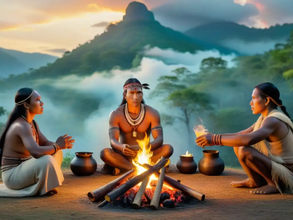 Ritual ancestral de indígenas alrededor del fuego en la selva, evocando historia y tradición