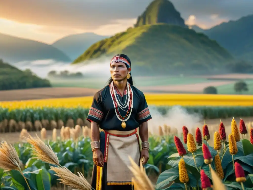 Un ritual de cosecha en culturas indígenas: grupo en trajes tradicionales agradeciendo a la tierra al atardecer