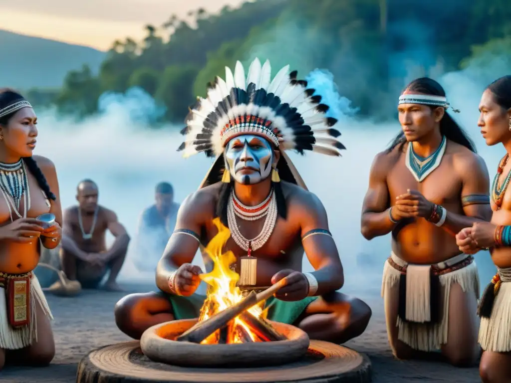 En un ritual de iniciación en culturas indígenas, ancianos y jóvenes se reúnen alrededor de una fogata, sus rostros iluminados por las llamas