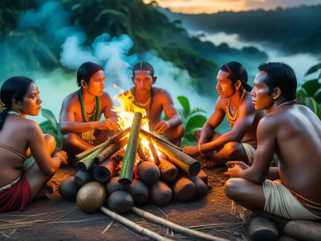 Un ritual de iniciación en culturas indígenas: ancianos guían a jóvenes junto al fuego en la selva amazónica al anochecer