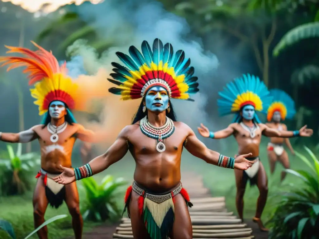 Ritual de danza indígena en la Amazonía con plumas y pinturas, alrededor de fogata al atardecer