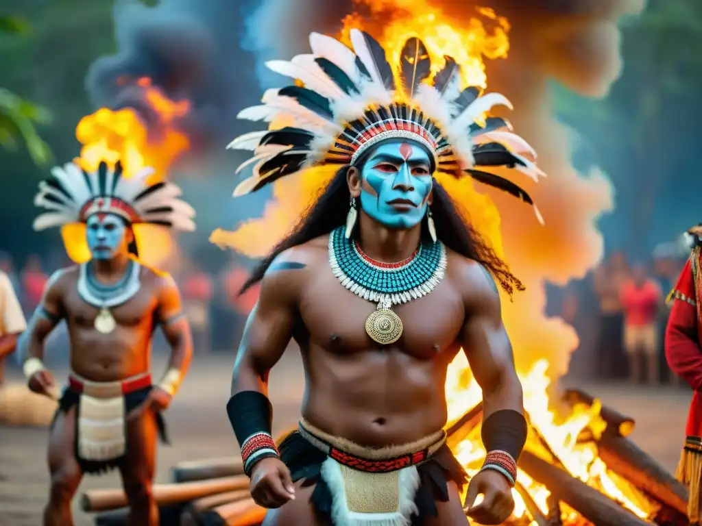 Ritual de danza precolombina de grupo indígena con música y coloridos trajes de plumas en la selva