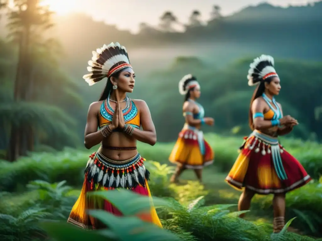 Un ritual espiritual de danza de los espíritus con trajes vibrantes en el bosque