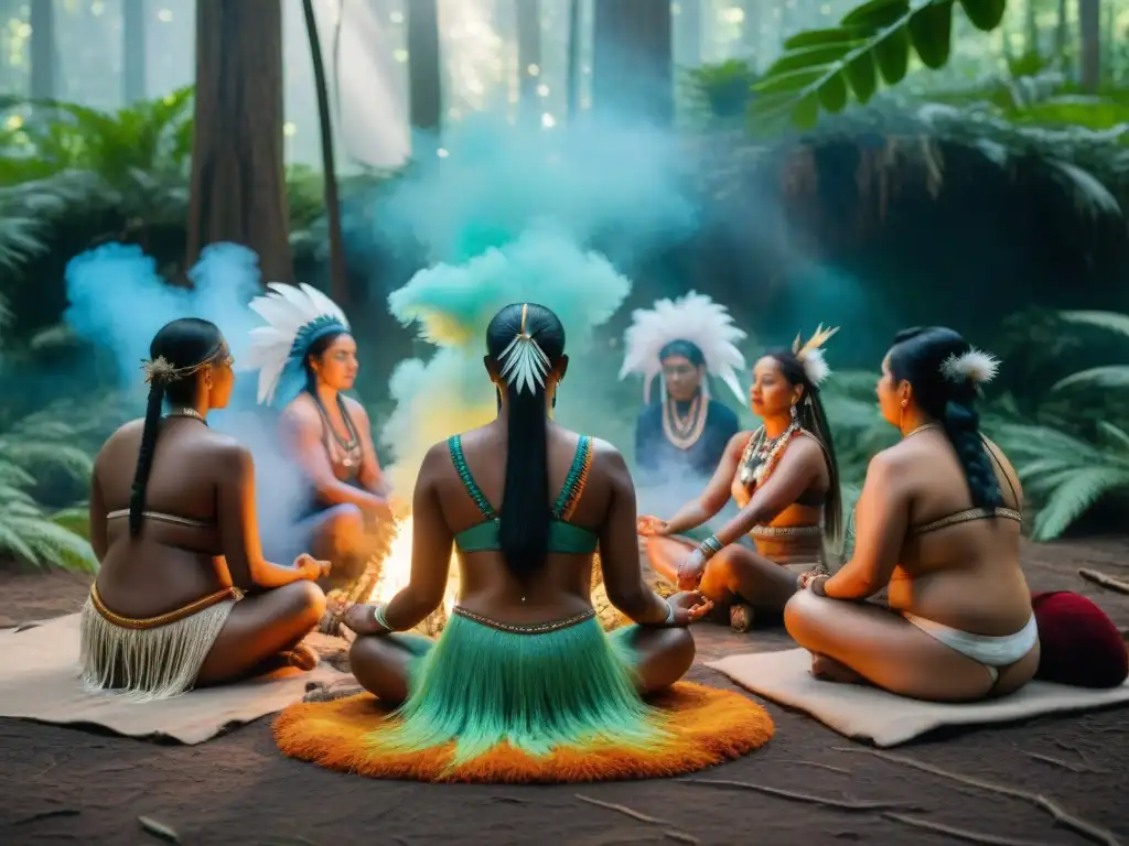 Un ritual espiritual indígena en lo profundo del bosque, con participantes conectando con la naturaleza y sus raíces culturales