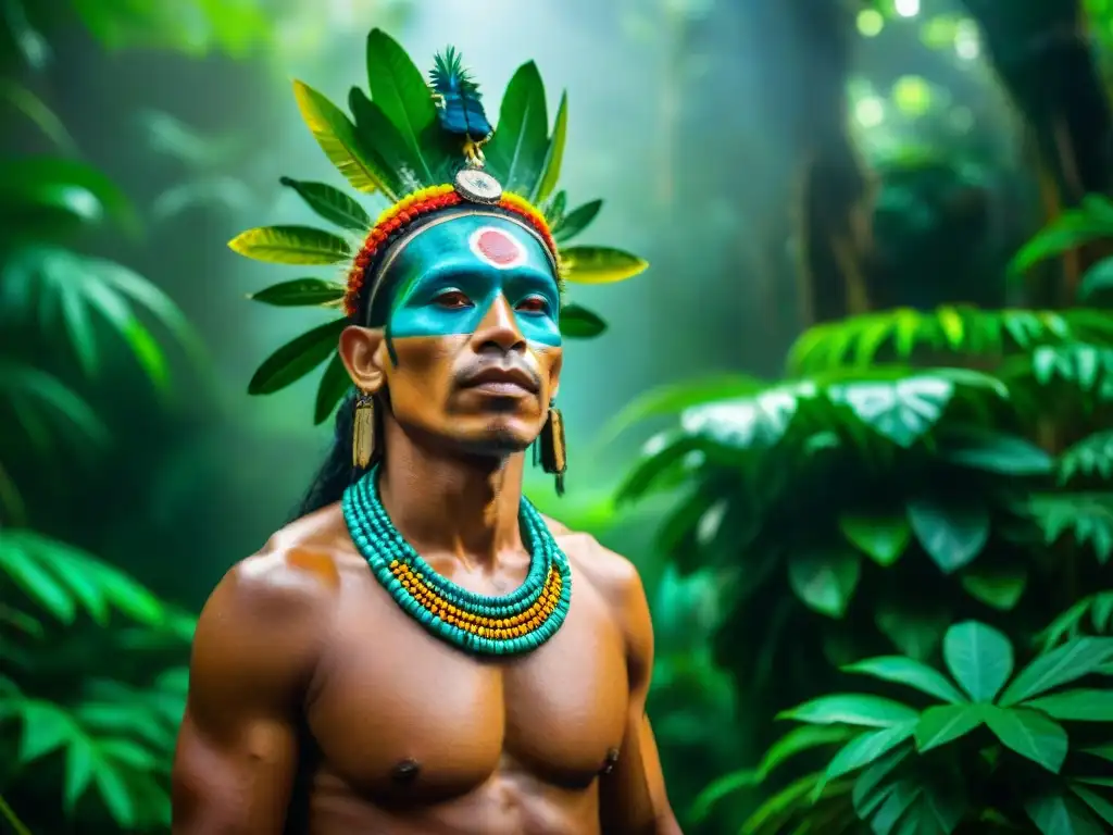 Shamán de tribu amazónica en ritual espiritual, rodeado de exuberante vegetación