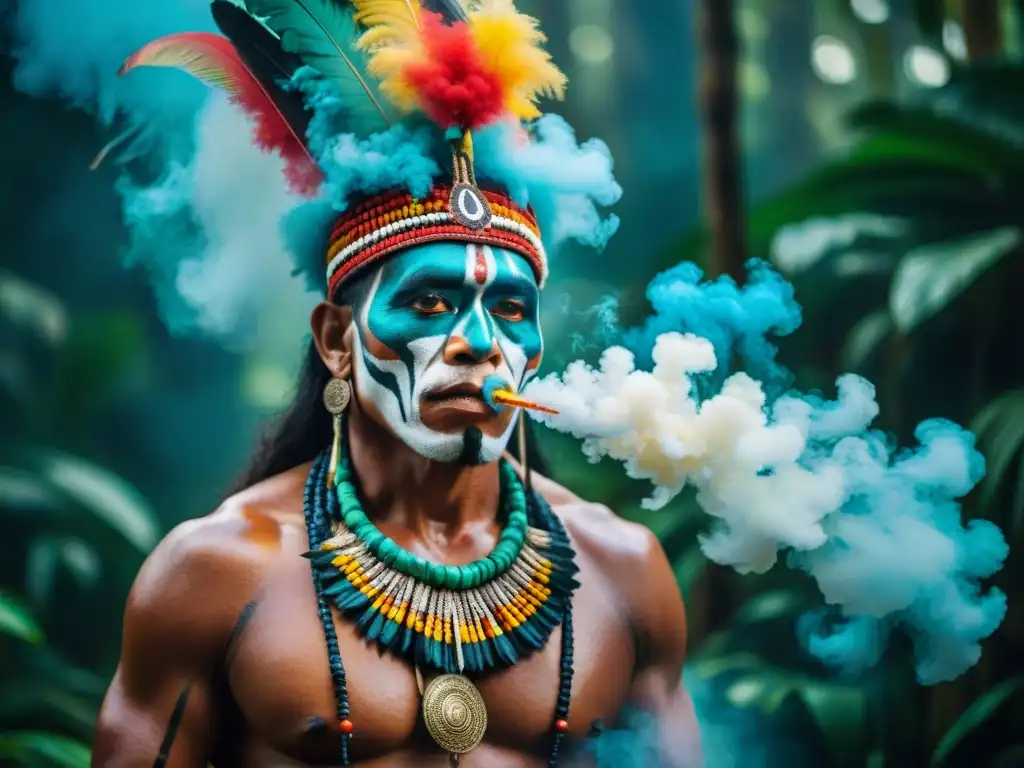 Shamán de tribu amazónica en ritual espiritual, rodeado de exuberante vegetación