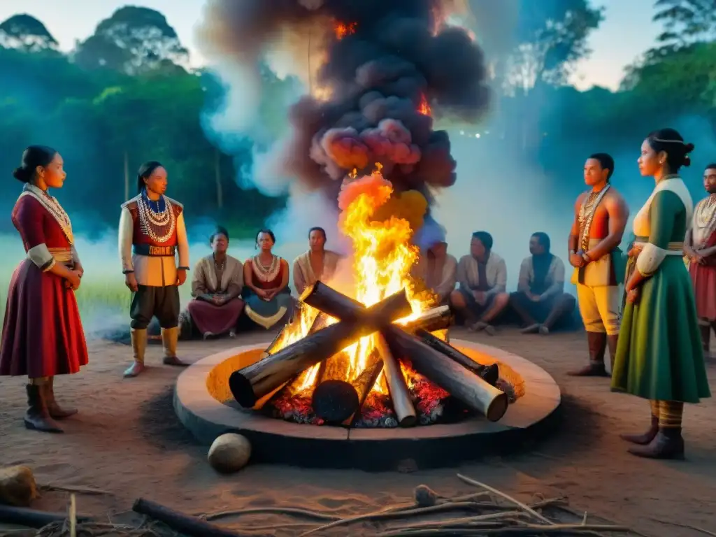 Ritual alrededor de fogata en la selva: Resistencia culturas indígenas Américas