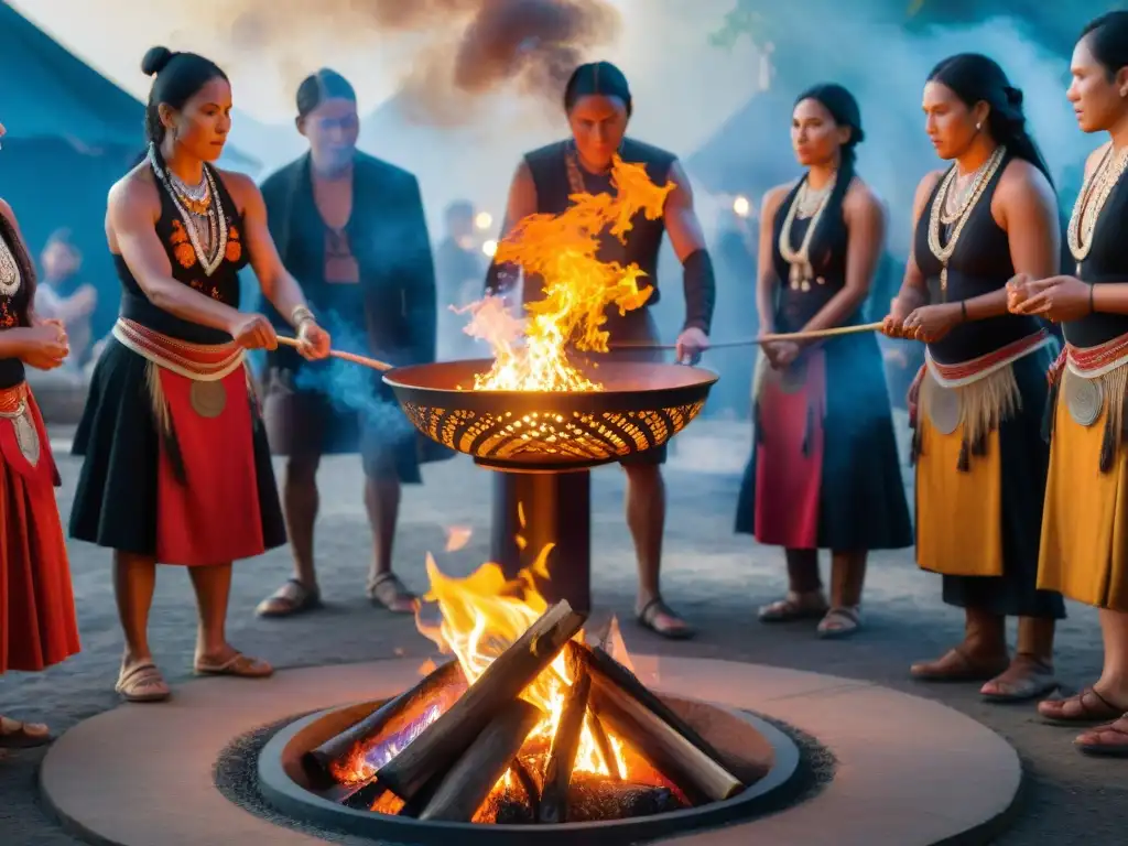 Un ritual con fuego en sanación: danza de llamas en ceremonia indígena, con participantes alrededor de fogata