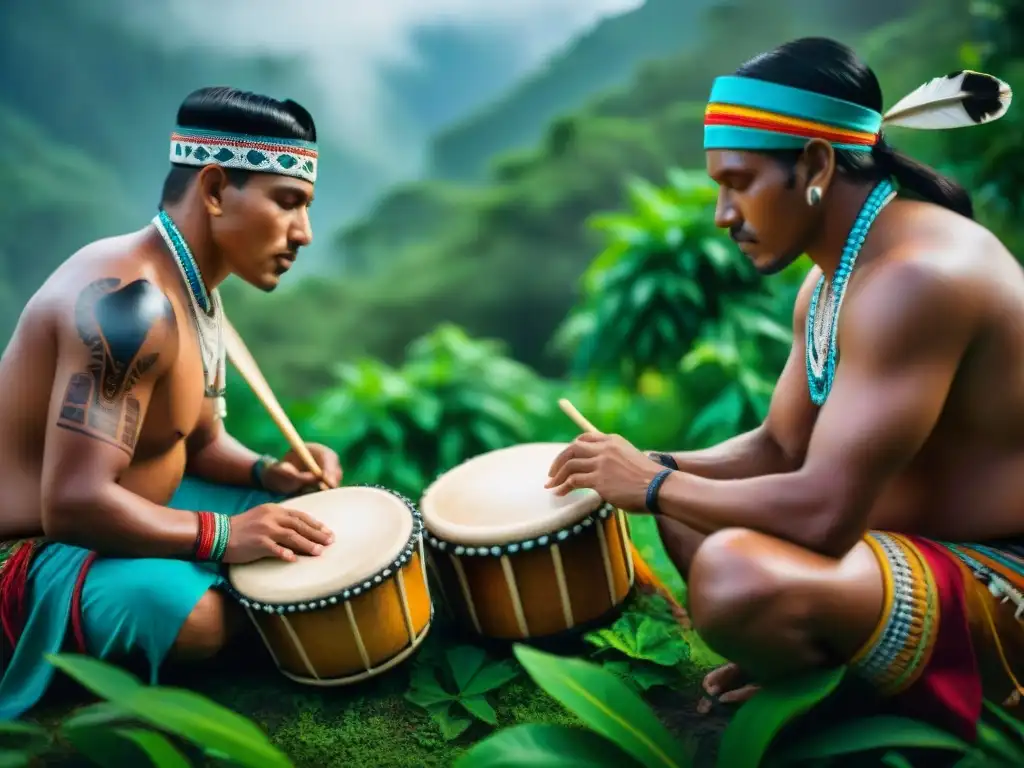 Ritual indígena: músicos tocando instrumentos tradicionales en la selva, transmitiendo cultura y tradición en danzas ancestrales