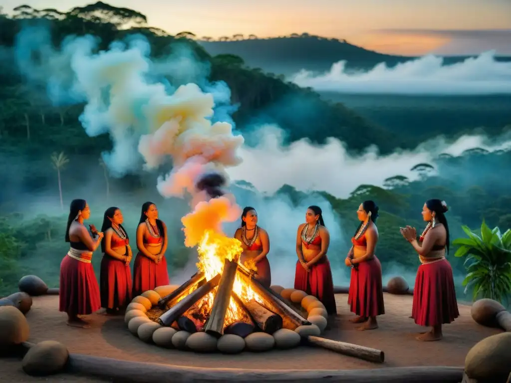 Un ritual indígena en la selva amazónica: mujeres danzando alrededor de una fogata