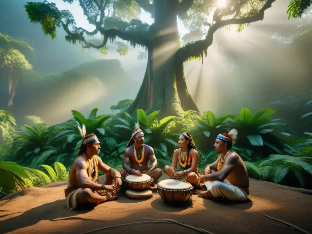 Música ritual indígena en la selva: músicos tocando instrumentos tradicionales bajo árboles ancestrales, atmósfera mística al atardecer