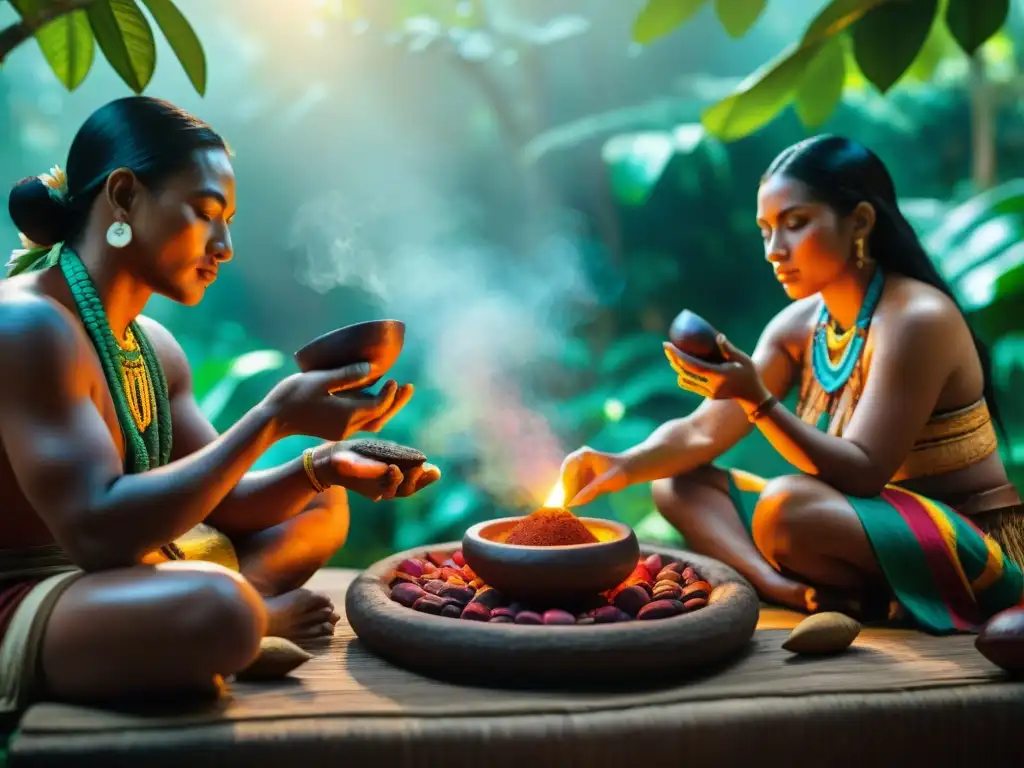 Ritual maya de cacao en la selva: indígenas visten atuendos vibrantes, moliendo granos en metate