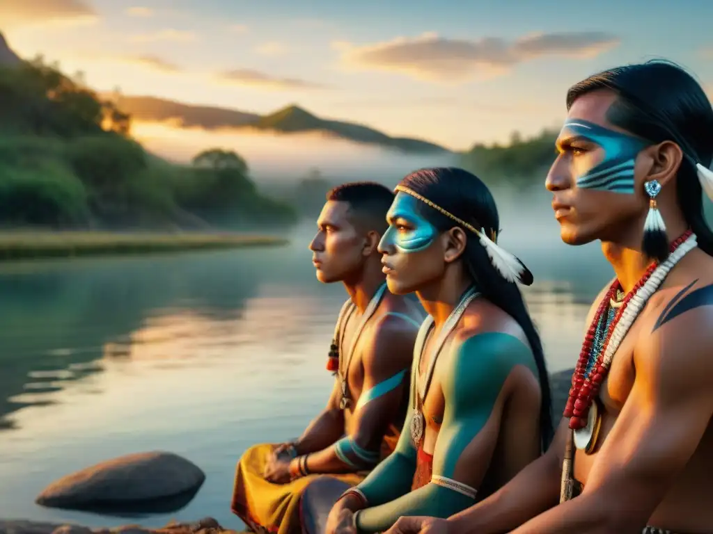 Ritual de iniciación de niños indígenas en el río al atardecer