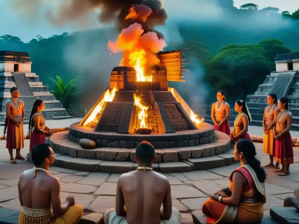 Un ritual de pasaje maya en un antiguo templo, jóvenes en trajes tradicionales alrededor de una fogata, con expresiones de respeto y emoción