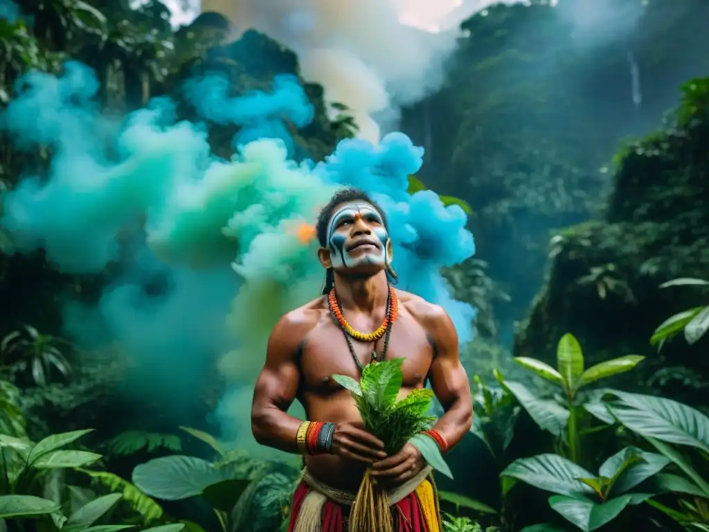 Shamán de tribu amazónica realizando ritual con plantas sagradas en la selva