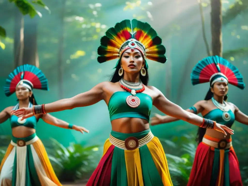 Un ritual sagrado de danza indígena en la selva, con vibrantes colores y simbolismo ancestral