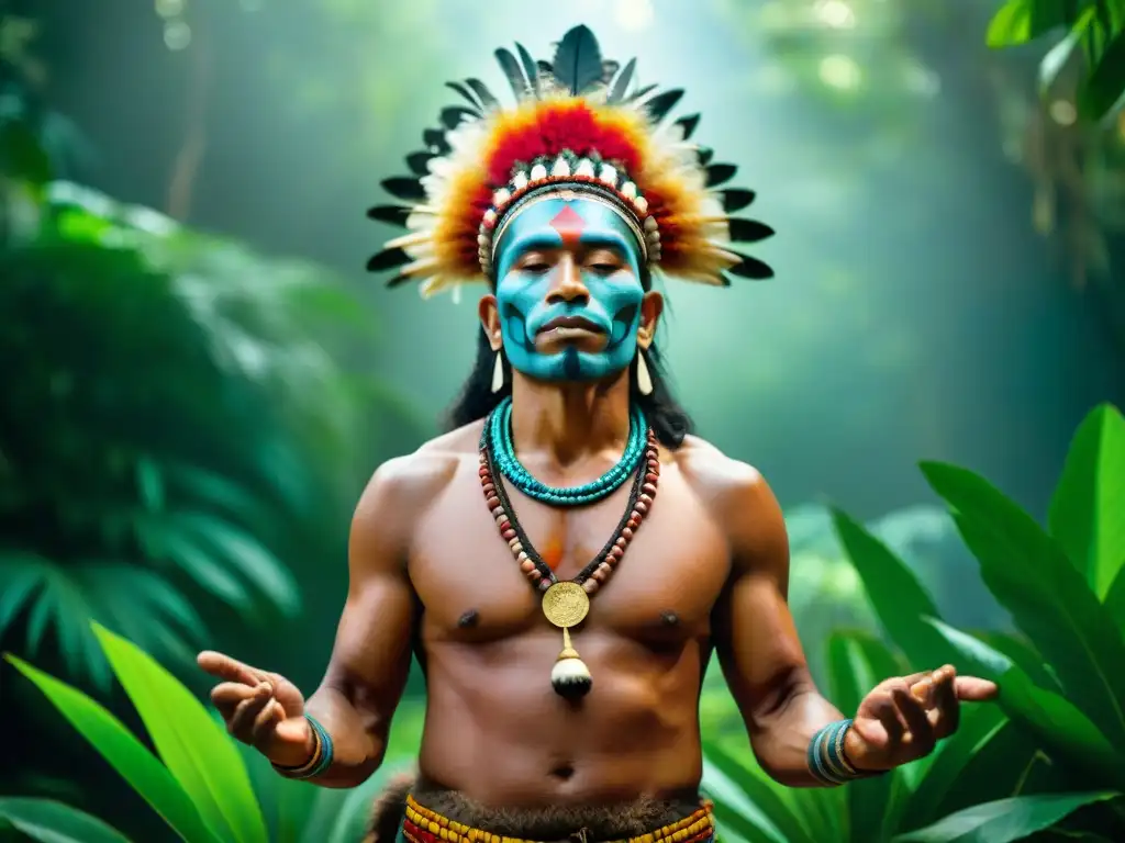 Chamán de tribu amazónica realizando ritual de sanación con plantas sagradas en la selva