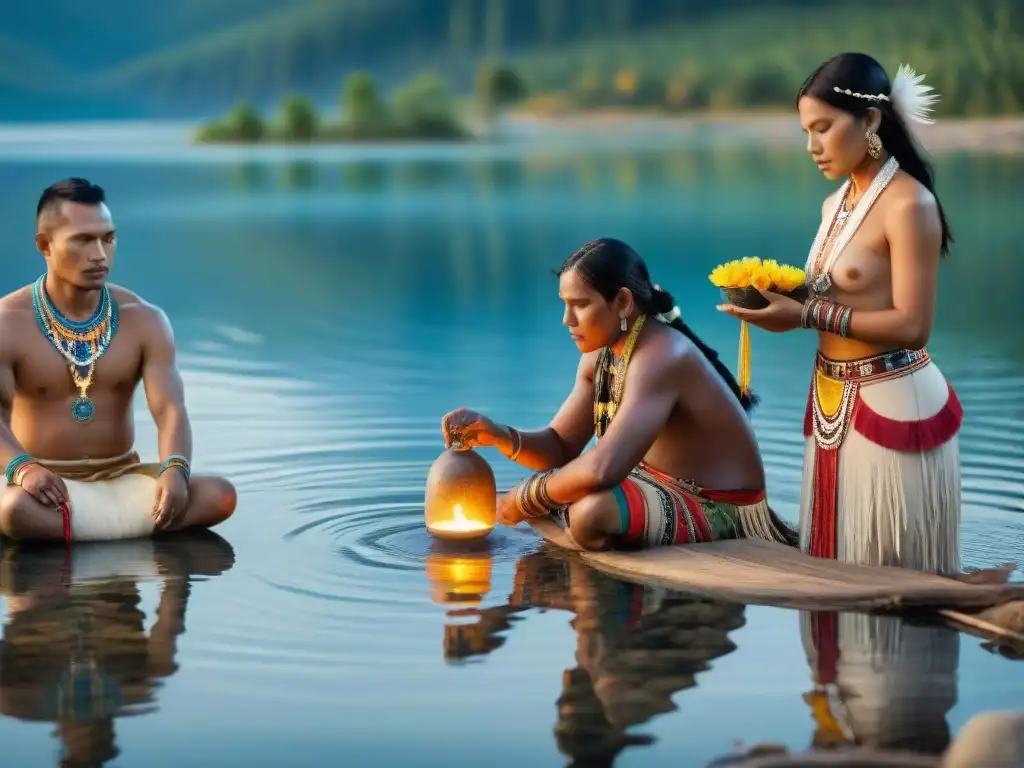 Rituales de agua en culturas indígenas: Grupo realizando ceremonia en lago sereno, con detalles tradicionales y conexión espiritual