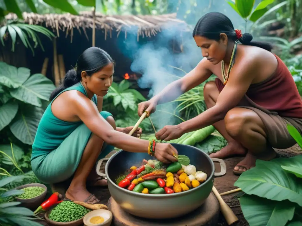 Rituales de nutrición ancestral: pueblos indígenas preparando alimentos en la selva exuberante