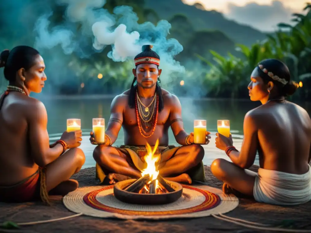 Rituales ancestrales de ayahuasca en la Amazonía: shaman guía ceremonia al atardecer entre exuberante vegetación y luz de velas