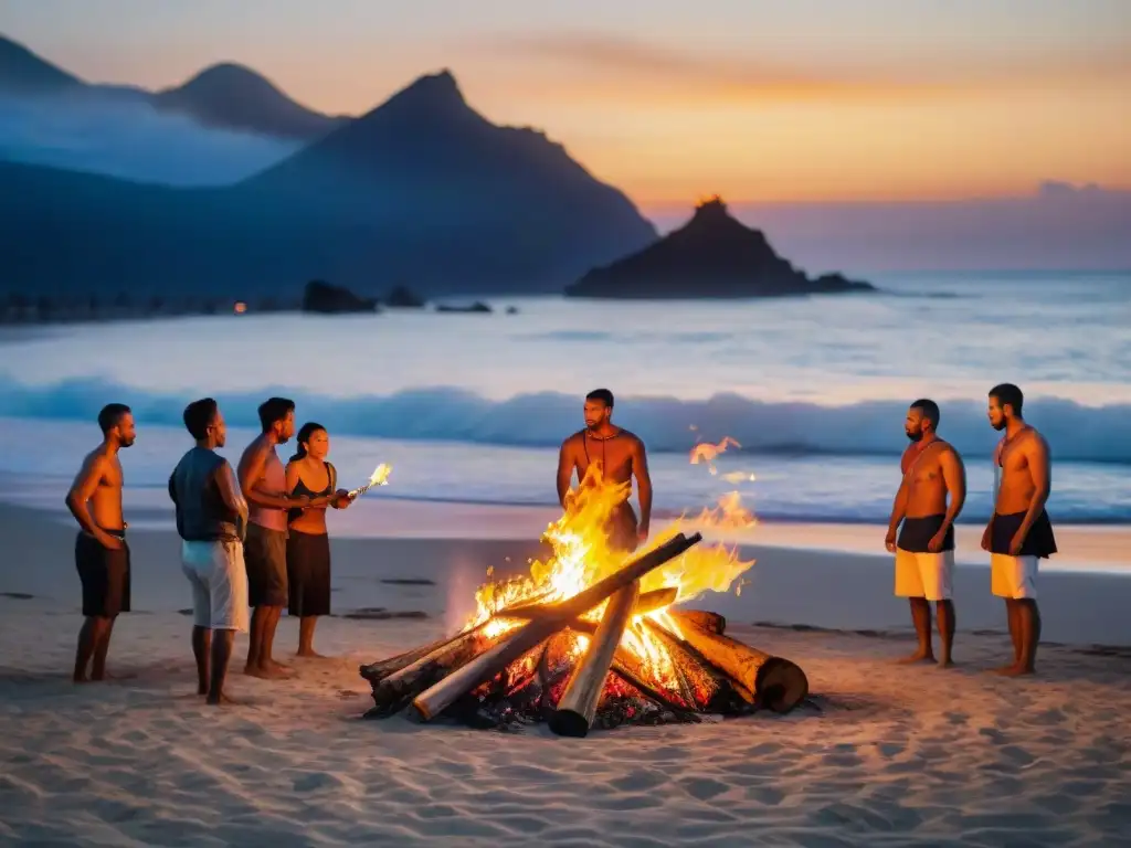 Celebrando rituales ancestrales en la noche de San Juan alrededor de una fogata en la playa