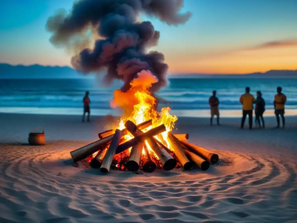 Rituales ancestrales en la Noche de San Juan: fogata en la playa con personas bailando y tocando tambores, reflejada en el mar oscuro