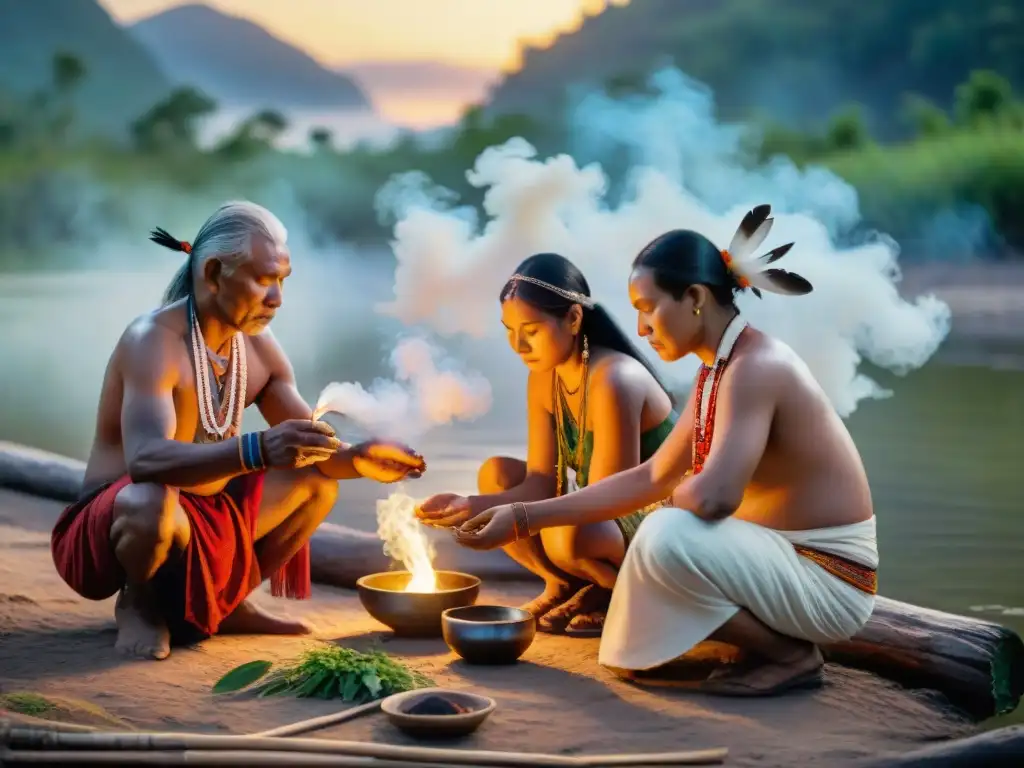 Ritual de purificación ancestral junto al río al atardecer Rituales de purificación indígenas: Ancianos realizan ceremonia tradicional junto al río al atardecer