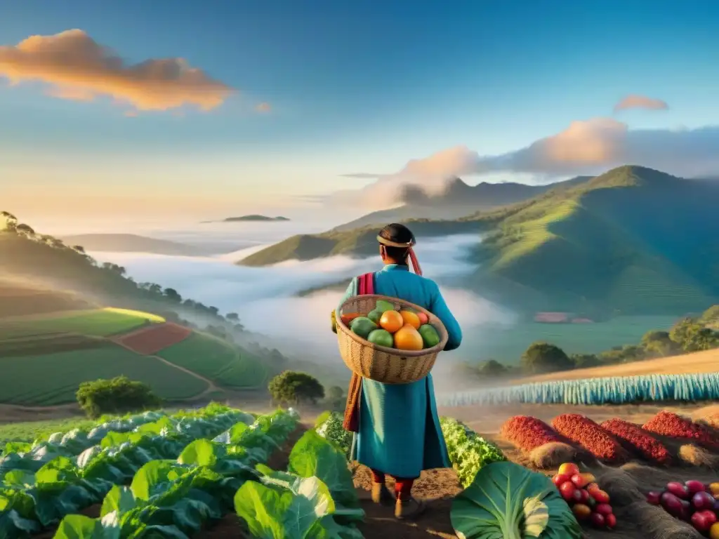 Rituales de cosecha en culturas indígenas: Grupo de agricultores en un campo exuberante al amanecer, ofreciendo frutas y verduras con gratitud