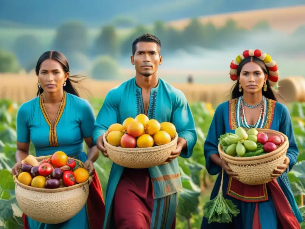 Rituales de cosecha en culturas indígenas: Hombres y mujeres adornados en trajes tradicionales, realizando un ritual sagrado en un campo frondoso