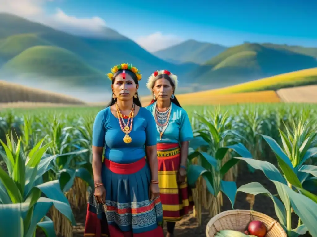 Rituales de cosecha en culturas indígenas: Agricultores con rostros pintados realizan una ceremonia en un campo de maíz soleado y exuberante