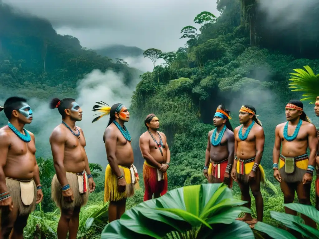 Rituales de iniciación en culturas indígenas: Ancianos lideran ceremonia espiritual en la selva, rodeados de miembros de la tribu