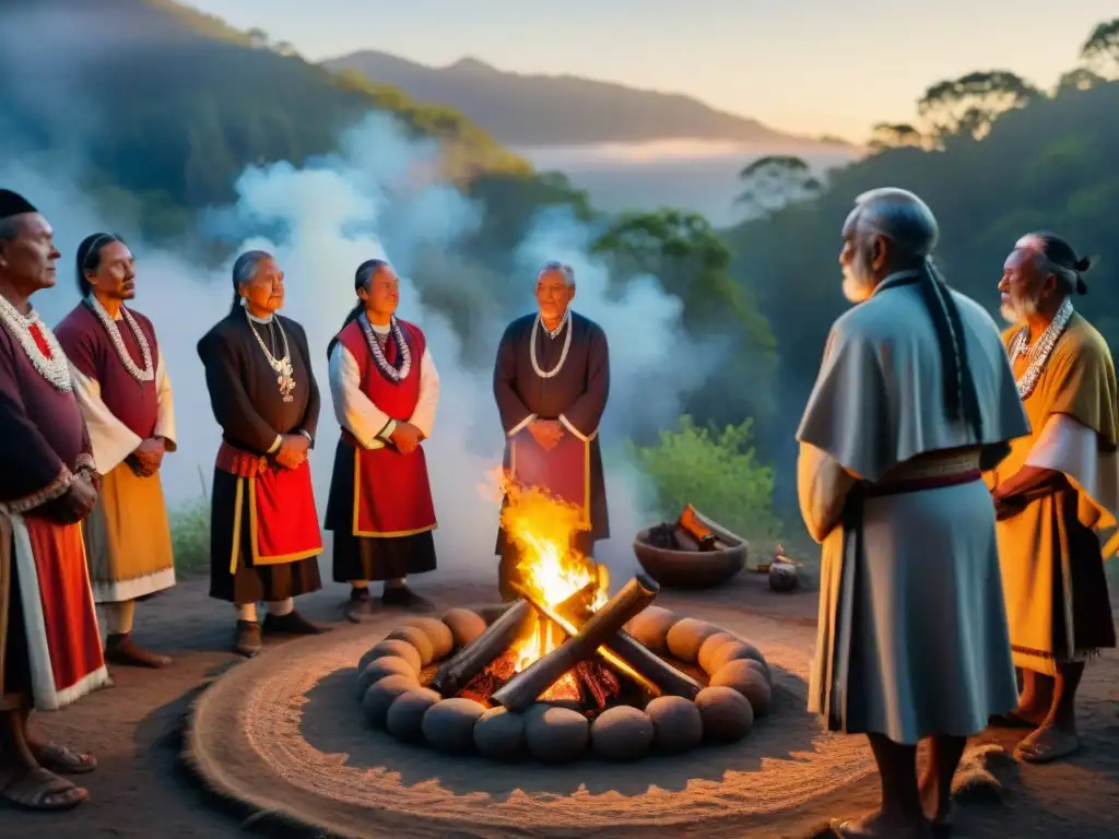 Rituales de iniciación en culturas indígenas: Ancianos realizan ceremonia sagrada alrededor del fuego al atardecer en el bosque