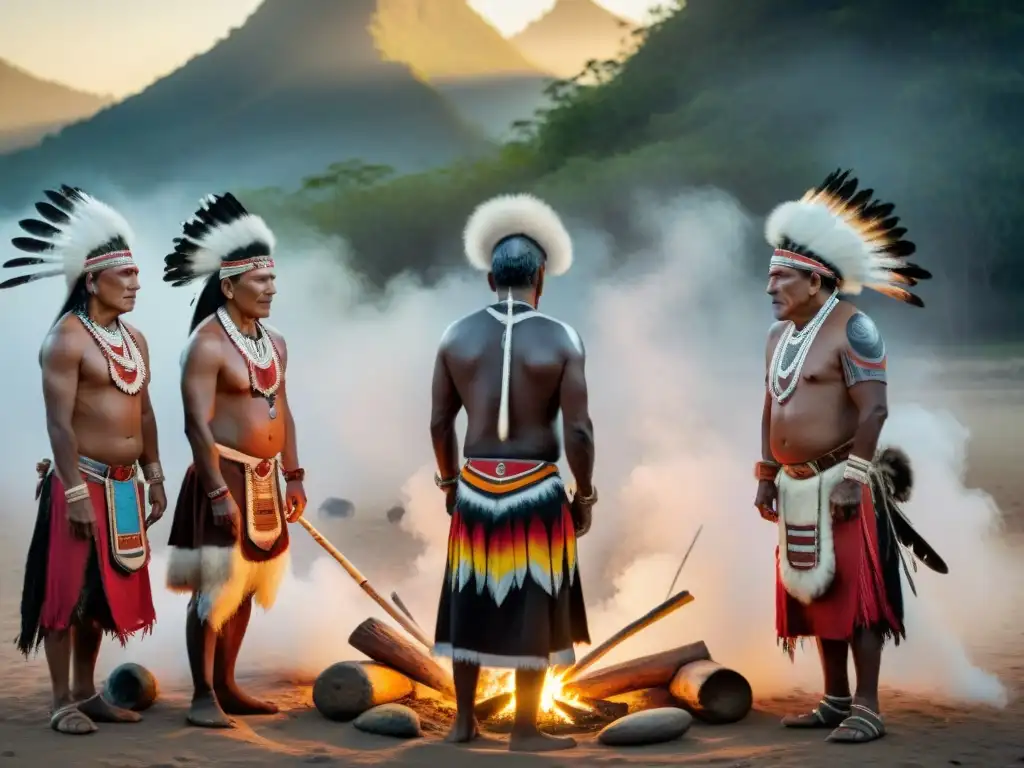 Rituales de iniciación en culturas indígenas: Ancianos y joven en ceremonia al atardecer