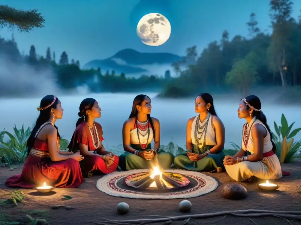 Rituales de menstruación en culturas indígenas: mujeres en ritual bajo la luna llena en el bosque