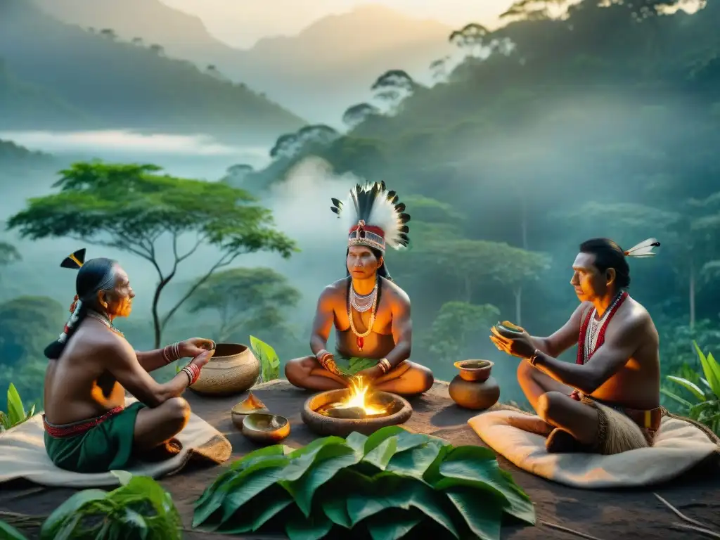 Rituales de equilibrio en culturas indígenas: Ancianos realizan danza ritual al amanecer en la selva