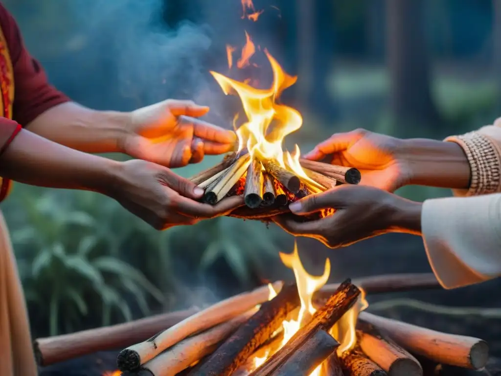 Rituales con fuego en sanación: Manos guiando hierbas al fuego en ritual ancestral