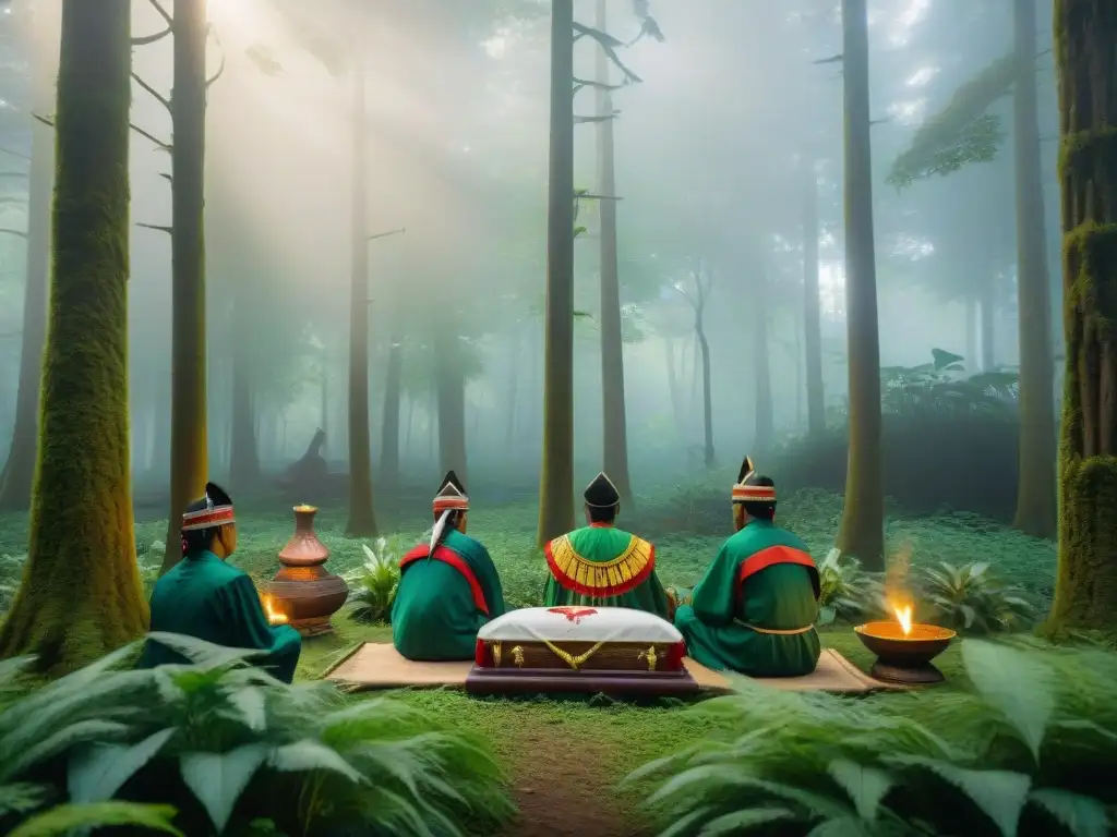 Rituales funerarios indígenas América: Ceremonia solemne en el bosque con detalles ceremoniales y reverencia en rostros