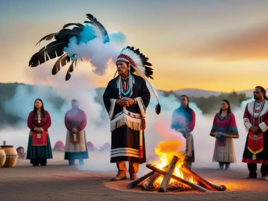 Rituales funerarios indígenas Américas: Emotiva ceremonia al atardecer con danzas y cantos alrededor de un fuego sagrado