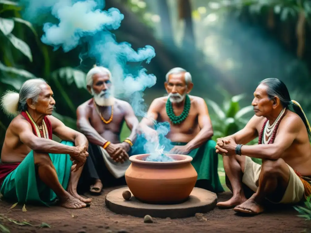 Rituales indígenas: ancianos rodeados de humo de tabaco sagrado en la selva