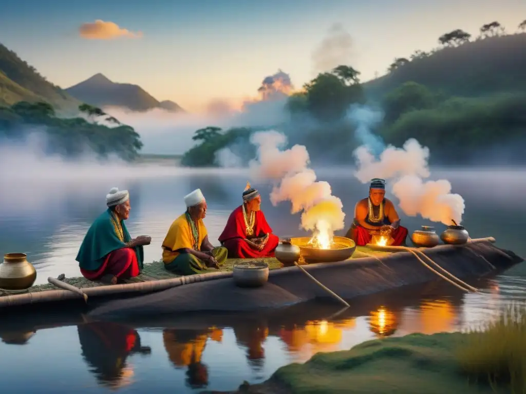 Ritual de purificación al amanecer: sabiduría ancestral junto al río Rituales de purificación indígenas al amanecer, con ancianos en vestimenta tradicional y humo de hierbas aromáticas